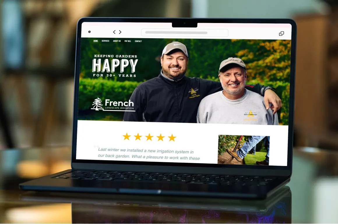 A laptop showing the French Landscape Irrigation Website designed and developed by Everyday Odyssey