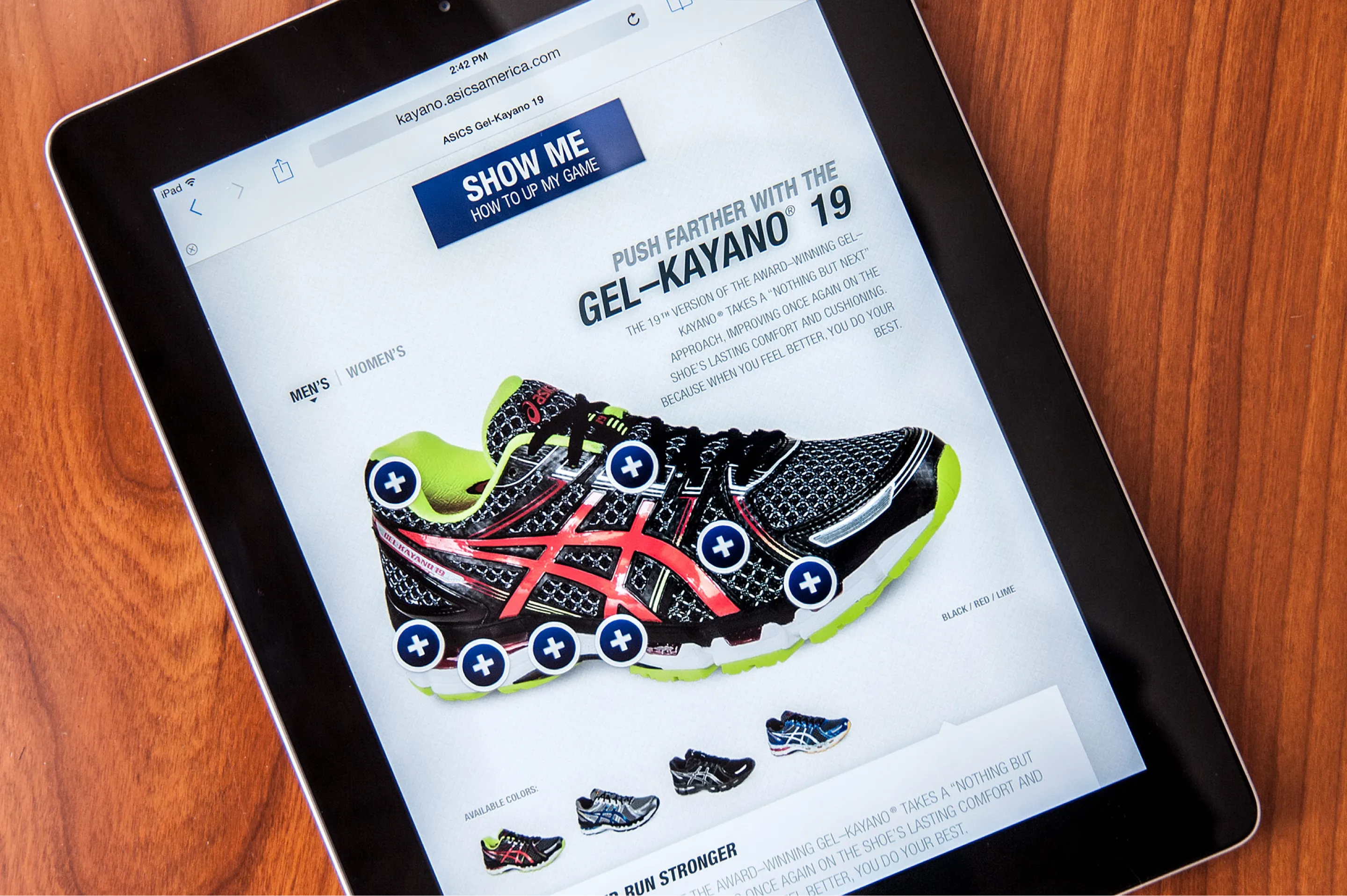 A iPad showing the personalized shoe suggestion for runners for the Asics Kayano 19 Twitter Campaign designed and developed by Everyday Odyssey for Struck