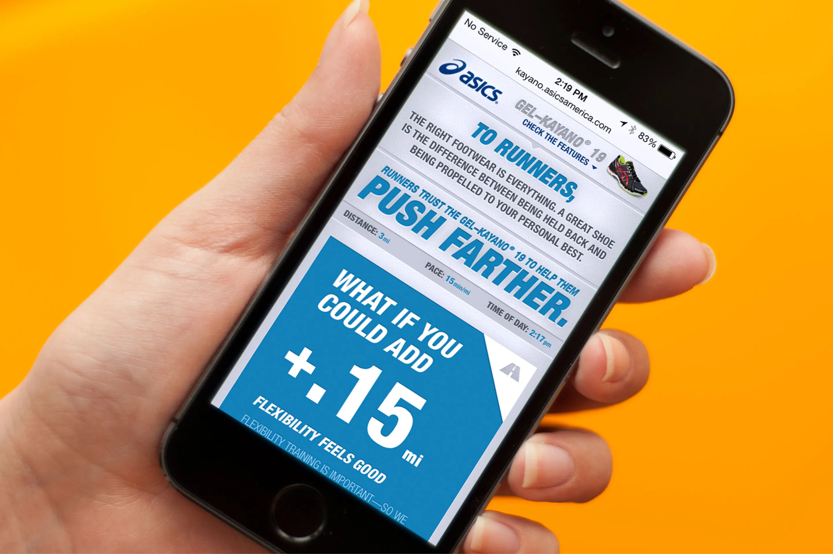 A phone showing the personalized stats page for runners for the Asics Kayano 19 Twitter Campaign designed and developed by Everyday Odyssey for Struck